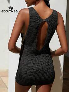 性感修身海滩迷你连衣裙女式镂空圆形黑色海边沙滩装度假掩护夏季 - 黑色 - 查看 6