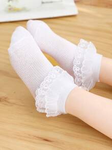 5 Pairs Baby/Girls Socks, Solid Color Simple Kawaii Lace Ruffle Trim Socks, Princess Style, Soft & Comfortable Short Socks, Suitable For Holidays, Back To School, Travel, Daily Matching With Princess Dress