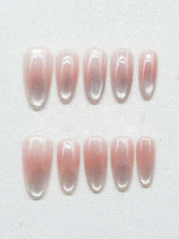10pcs/Set Pink Ombre Nude Color Cat Eye Nail Art With Fine Sparkles, Handmade Nail Tips, Soft & Sweet, Versatile
