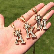 Collar con colgante de letra con corona de circonita para hombres y mujeres, collar de cadena con inicial tipo hip hop, regalo de joyería para mejores amigos - collar - Ver 3