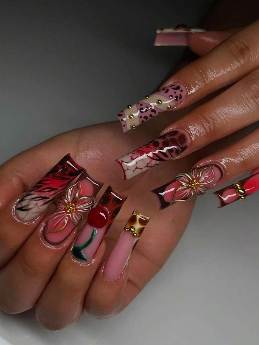 24片长方形亚克力按压指甲礼盒春红樱桃红白指甲渐变格纹性感小豹纹胶水立体金属五瓣花软糯香芋紫斜条纹闪光小金珠Y2K指甲血魔少女礼物宴会便携式假指甲带果冻胶1片锉1美甲用品指甲 - 彩色 - 查看 1