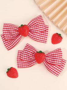 2pcs Girls Strawberry Hair Bow Clips, Strawberry Charm Decorated & Red-White Gingham Print Bows, Cute Kawaii Hair Accessories For Birthdays Spring Summer