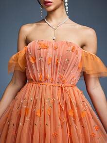 Strapless A-Line Wedding Dress With Embroidered Lace And Tie Details - Burnt Orange - View 6