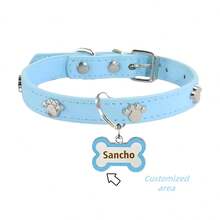 定制刻字仿皮狗项圈，配骨头形状铭牌，双面可个性化刻宠物名字和电话号码，金属防丢脚印身份牌，时尚犬猫配饰，中小型宠物的理想礼物，狗项圈 - 彩色 - 查看 2