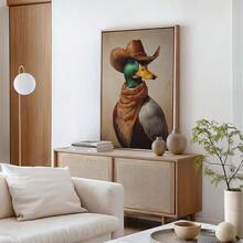 1/3 件牛仔鸭子壁画，西部野鸭肖像，乡村农舍装饰，有趣的动物印花，乡村鸭子帆布画，异想天开的牛仔画，无框/有框