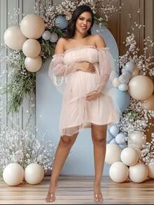 JustVH 孕妇露肩荷叶边袖网眼连衣裙，适合婴儿洗礼拍摄短款礼服