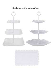 Set de 2 piezas de plataformas para pasteles de plástico blanco, set de plataforma de 3 niveles para exhibir magdalenas, galletas, postres y 1 pieza de bandeja para postres, adecuado para baby showers, tés, bodas, fiestas de cumpleaños, revelación de género, decoraciones de baby shower