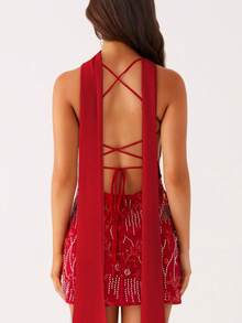Women Sequin Beaded Mini Dress With Scarf Sets Y2k Sparkly Floral Spaghtti Strap V Neck Bodycon Short Dress Glitter Sleeveless Backless Going Out Dresses Cocktail Party Sundress Clubwear - 紅色 - 查看 2