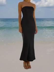 Satin Silk Strapless Maxi Dress For Women Off Shoulder Backless Elegant Tube Top Long Dresses Wedding Guest Formal Bodycon Dress - 黑色 - 查看 2