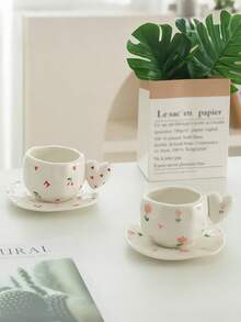 1pc Elegant Heart-Shaped Ceramic Mug & Saucer Set, Unique Handle Design, Cute Pattern Cup, Office Coffee Mug, Afternoon Tea Set, Holiday Gift, Couple Mugs - 彩色 - 查看 4