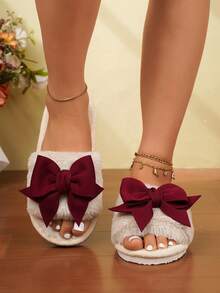 Hatastic Dép bông mềm mại ấm áp cho nhà ở, dép lông có nơ, dép hở mũi phù hợp cho mọi mùa, xuân hè thu đông, quà tặng lễ hội âm nhạc. - Màu Đỏ Sâu - Xem 9