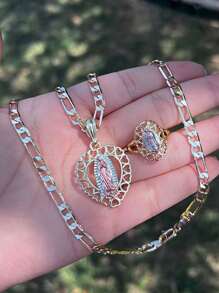 2pcs/Set Our Lady Of Guadalupe Necklace Ring Set Personalized Sweater Chain Retro Pendant Necklace Clothing Accessories Perfect Holiday Gift