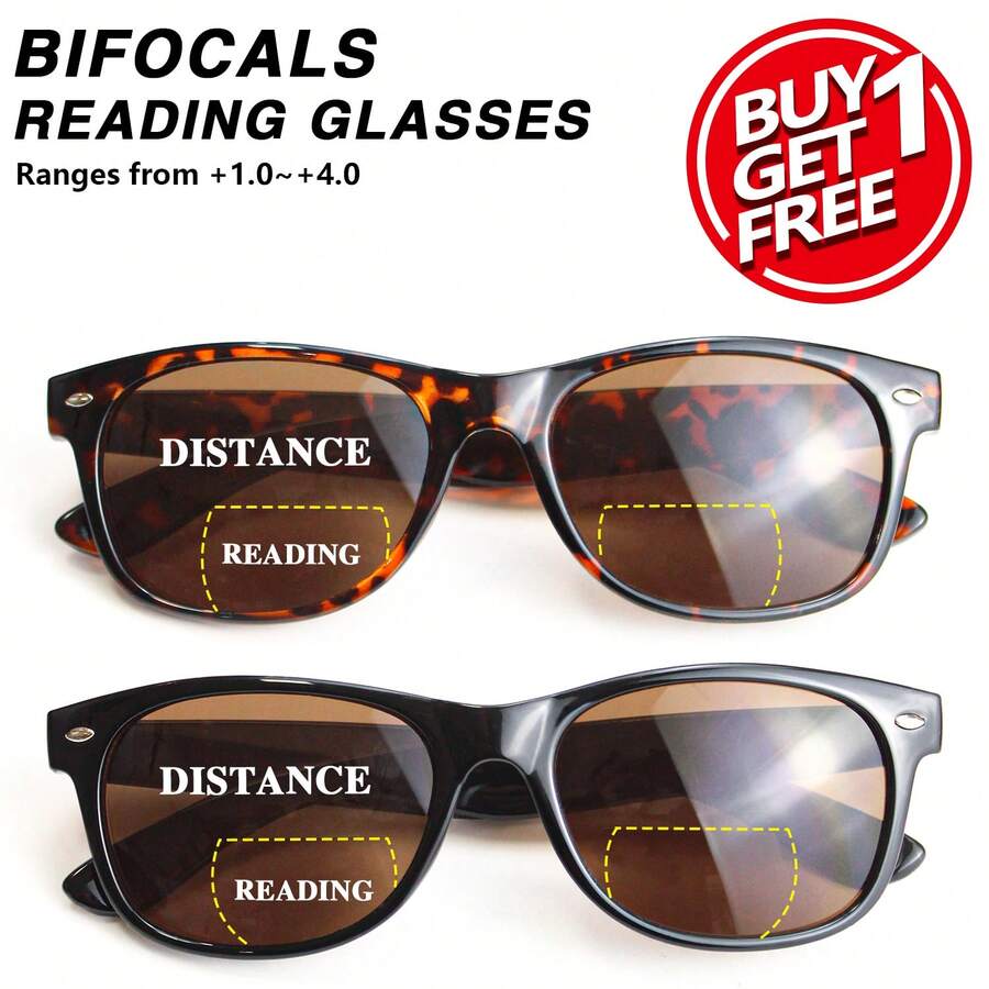 2pcs Square Tea-Color Bifocal Reading Glasses, Multi-Function Lenses With Rivet Temple Design, Suitable For Daily Wear And Outdoor - Black + Leopard - View 1