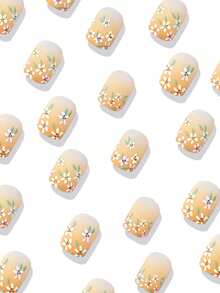 24 Pieces Of Square Nails, Orange, White, Small Flower And Green Leaf False Nails, Fresh Summer Nails, Daily Matching Nail Charms Press On Nails - Multicolor - View 3