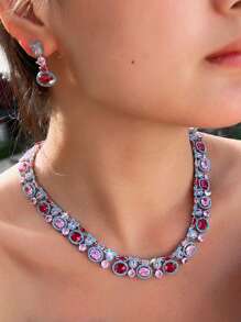 1 Set Luxury Turquoise And Pink Red Cubic Zirconia Chunky Big Wedding Banquet Bridal Party Necklace And Earrings Jewelry Set For Women