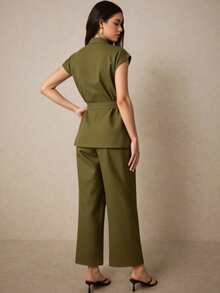 Liso  Casual  Elegante    Bolsillo  Cinturón  Botón - Verde militar - Ver 2