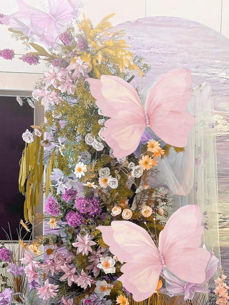 3 件巨型人造蝴蝶，18.9 英寸大型丝线蝴蝶，用于婚礼装饰，DIY 装饰性假蝴蝶工艺品，逼真的蝴蝶摄影道具，用于婚礼生日派对装饰夏季礼物海滩返校学校用品房间装饰 - 粉色 - 查看 1