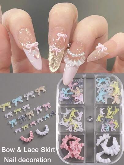 1盒6格3D立体小清新下摆蕾丝裙边美甲饰品混合卡哇伊蝴蝶结法式雕花配饰可爱女生美甲装饰美甲沙龙