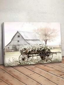 1 pieza Cartel de impresión de granero de carretera, paisaje de granja con flores para decoración de pared de sala de estar, póster listo para colgar, con opción de marco