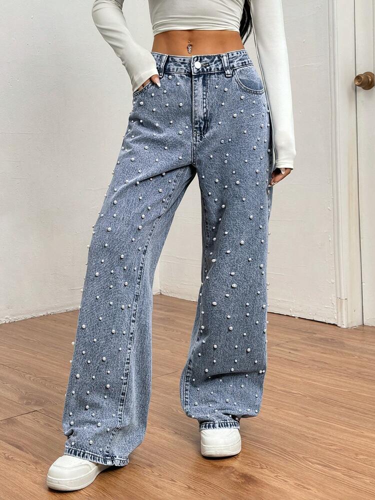 Women's Pearl Decor Wide Leg Jeans - Blue - View 3