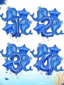 5pcs Blue Whale Theme Balloon Set, Including Blue 0-9 Number Foil Balloons, Blue Star And Blue Whale Balloons, Suitable For Boy Or Girl Birthday Decoration, Baby Shower, Ocean Theme - Multicolor - View 2