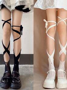 "1 Pair Black & White Cross Strap Anklet Socks For Women - Cute & Sweet Lightweight Mid-Calf Split Toe Design", Y2k, E-Girl - Multicolor - View 4