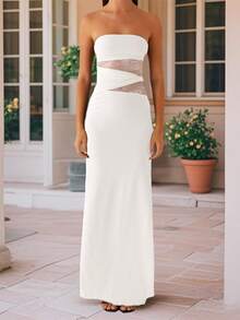 Women's Summer Long Tube Dress Sheer Lace Patchwork Sleeveless Strapless Backless Bodycon Ankle Length Dress - 白色 - 查看 2