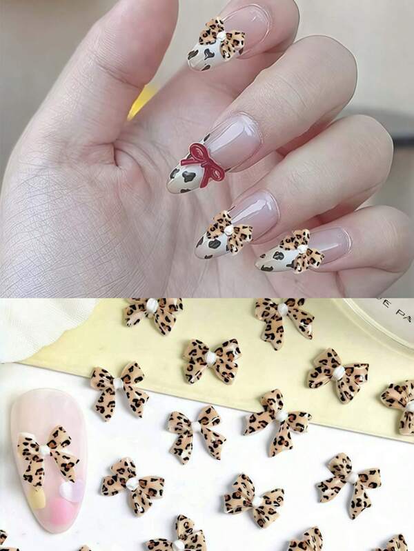 50pcs Leopard Bow Nail Charms Leo Print Charms Leoprint Accessoires For Nails Suitable For Women And Girls Various Festival