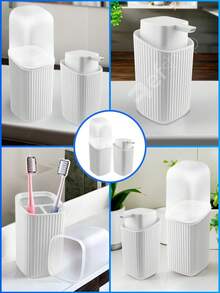 Kit Dispenser Sabonete E Porta Escovas De Dente Com Tampa Design Moderno - Branco - Visão 6
