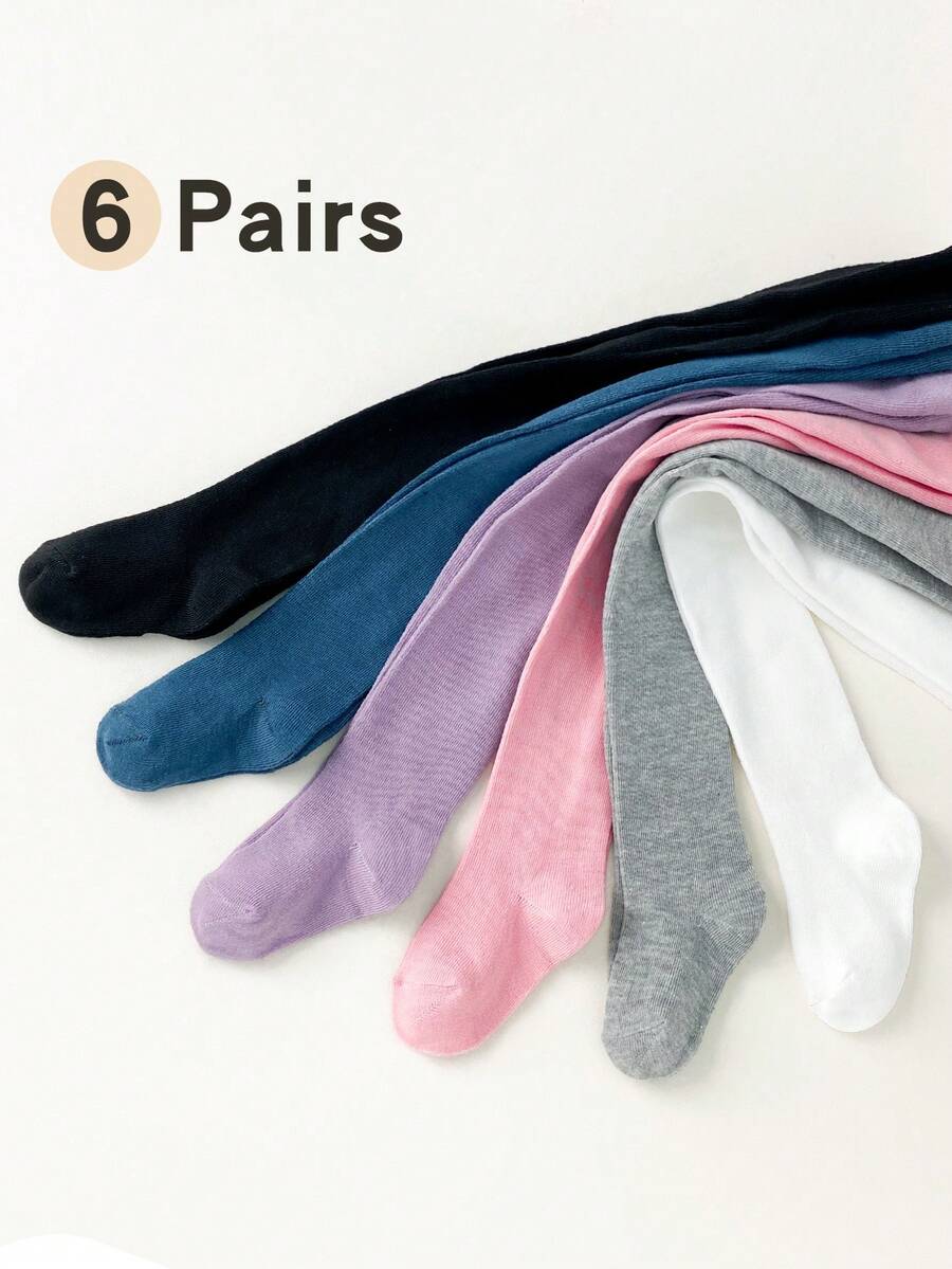 6 Pairs All-Season Medium Thickness Solid Color Baby Toddler Leggings Socks - Children Girl Kid Tights For Daily School & Performance Wear