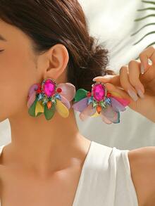 波西米亚风格布艺花朵耳环女款仿宝石花卉大耳钉适合派对舞会海边度假珠宝