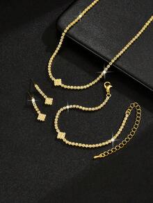 4件套优雅首饰套装 - 项链、耳环、手链，女士适用，适合派对、婚礼、感恩节、情人节等场合佩戴。 - 金色 - 查看 4