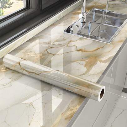1 rollo de papel de contacto de mármol autoadhesivo resistente al agua, color beige, para encimeras, escritorios, decoración de paredes y accesorios de cocina