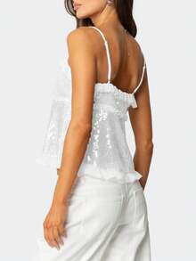 Women Y2k Sequin Cami Top Sparkly Sleeveless Backless Halter Top Summer Going Out Top Glitter Camisole Clubwear - 白色 - 查看 3