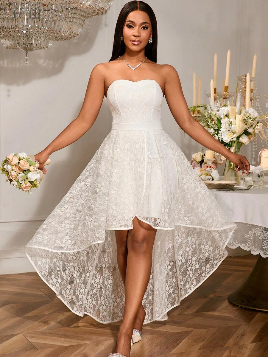 Vestido de novia de encaje blanco con escote de tubo, corte A, espalda descubierta, asimétrico, para fiesta de bodas, ducha nupcial, cita, fiesta, vestido de dama de honor, vestido de graduación, invitado de boda