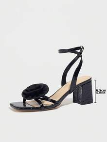 女式高跟凉鞋，春夏，时尚派对户外活动方头闪亮 3D 花卉性感裸色系带，优雅黑色 - 黑色 - 查看 8