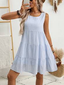 Women Regular Casual Ruffle Trim Short Dress, Summer - Baby Blue - View 5