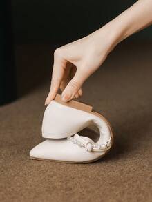 女士平底乐福鞋，新款时尚户外一脚蹬平底鞋，尖头，珍珠水钻装饰，芭蕾平底鞋，纯色女士穆勒鞋，舒适软底软皮船鞋，法式休闲乐福鞋 - 糯米白色 - 查看 6