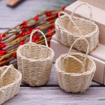 Mini Rattan Handbag Flower Basket For Miniature House, BJD Doll Storage Basket, OB11 Miniature Photoshoot Prop