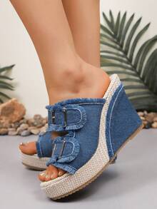 Zapatillas de cuña de talla grande de mezclilla para mujeres, zapatos de playa, talla 43 - Neblina azul - Ver 3