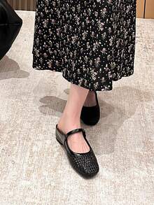 Xin Jing Shoes 2025秋季女士平底鞋时尚百搭编织镂空绑带平底增高通勤平底鞋穆勒鞋 - 黑色 - 查看 8