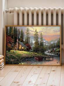 1pc Canvas Wall Arts Poster A Cabin By The Lake In A Lush Forest With A Warm Glow From The Windows, Perfect For Creating A Cozy And Inviting Atmosphere In Any Space, Optional Framed