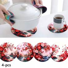 4pcs/Set Plum Blossom Landscape Placemats With Wooden Coasters, Floral Theme For Home & Dining Table Decor, Heat-Resistant & Anti-Scald, Tabletop Protection