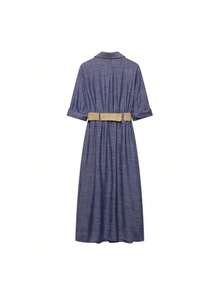 Women's New Fashionable Style Lapel Rolled Sleeve Single Breasted Shirt Style Long Dress - Blue - View 2