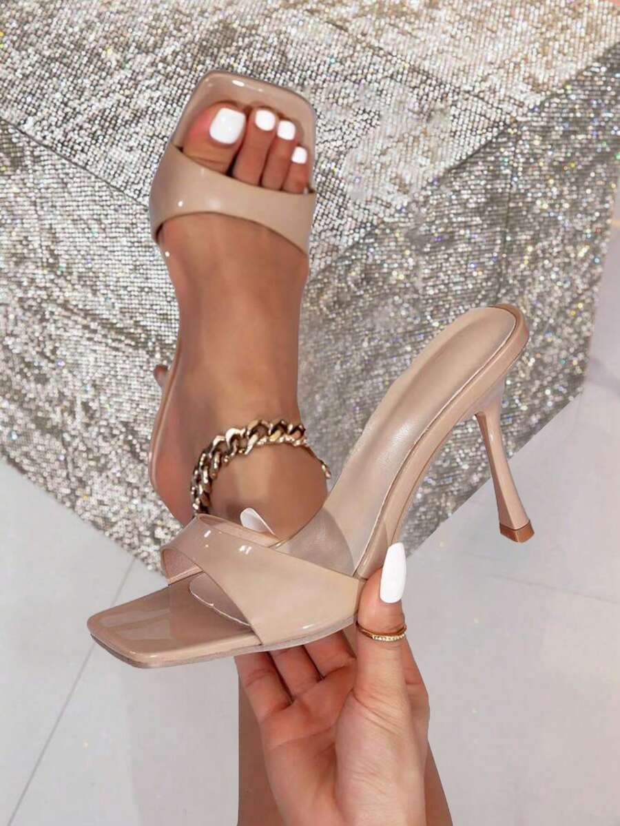 Women's New Stylish Minimalist Solid Color Square Toe Thin High Heel Mules, Petite Flattering Versatile Square Toe Slide Sandals - Apricot - View 1