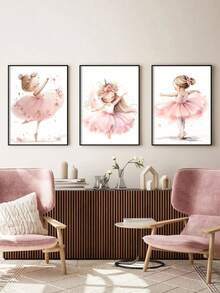 3件套迷人芭蕾舞女水彩画套装 - 粉色芭蕾舞裙女孩、独角兽和优雅姿态印花，适合装饰婴儿房或芭蕾舞工作室，帆布画，客厅家居装饰，节日和生日礼物，办公室装饰，可选画框，带框墙画 - 3pcs/set - 查看 1