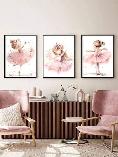 Juego de 3 piezas de impresiones en acuarela de una encantadora bailarina con tutú rosa, un unicornio y una pose grácil para decorar la guardería o el estudio de ballet, arte en lienzo, pintura en lienzo, arte de pared para la decoración del hogar, regalo de fiesta y cumpleaños, decoración de oficina con opción de marco