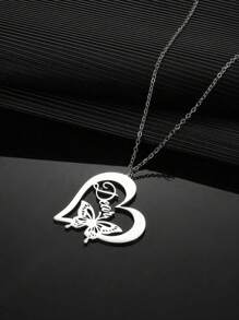 1pc Customized Girl's Name Love Butterfly Pendant Necklace, Fashionable & Delicate Personalized Letter Heart Butterfly Collar DIY Stainless Steel Nameplate Necklace, Girl's Party Accessories Birthday Gift