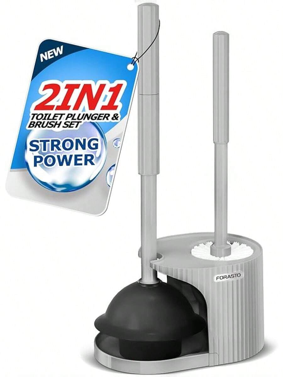 FORASTO 2 In 1 Toilet Plunger And Brush Set,Extended Handle Plunger,Toilet Bowl Brush Plunger Set,Bathroom Cleaning Tools ,Toilet Brush Plunger Combo,Cleaning Brush,Bathroom Cleaning Supplies - 深灰色 - 查看 1