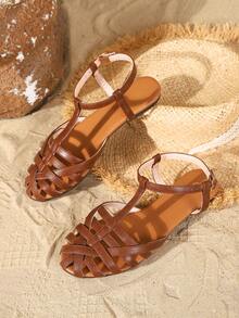 Damen Sandalen mit Hohlmuster T-Riemen Römische Schuhe Sommer Flats Gekreuzte Zehensteg Flach Sandalen Bronze Ton Retro Sandalen Bronze Schuhe Metallic Flats Offene Rückseite Damen Sandalen - Braun - Übersicht 5